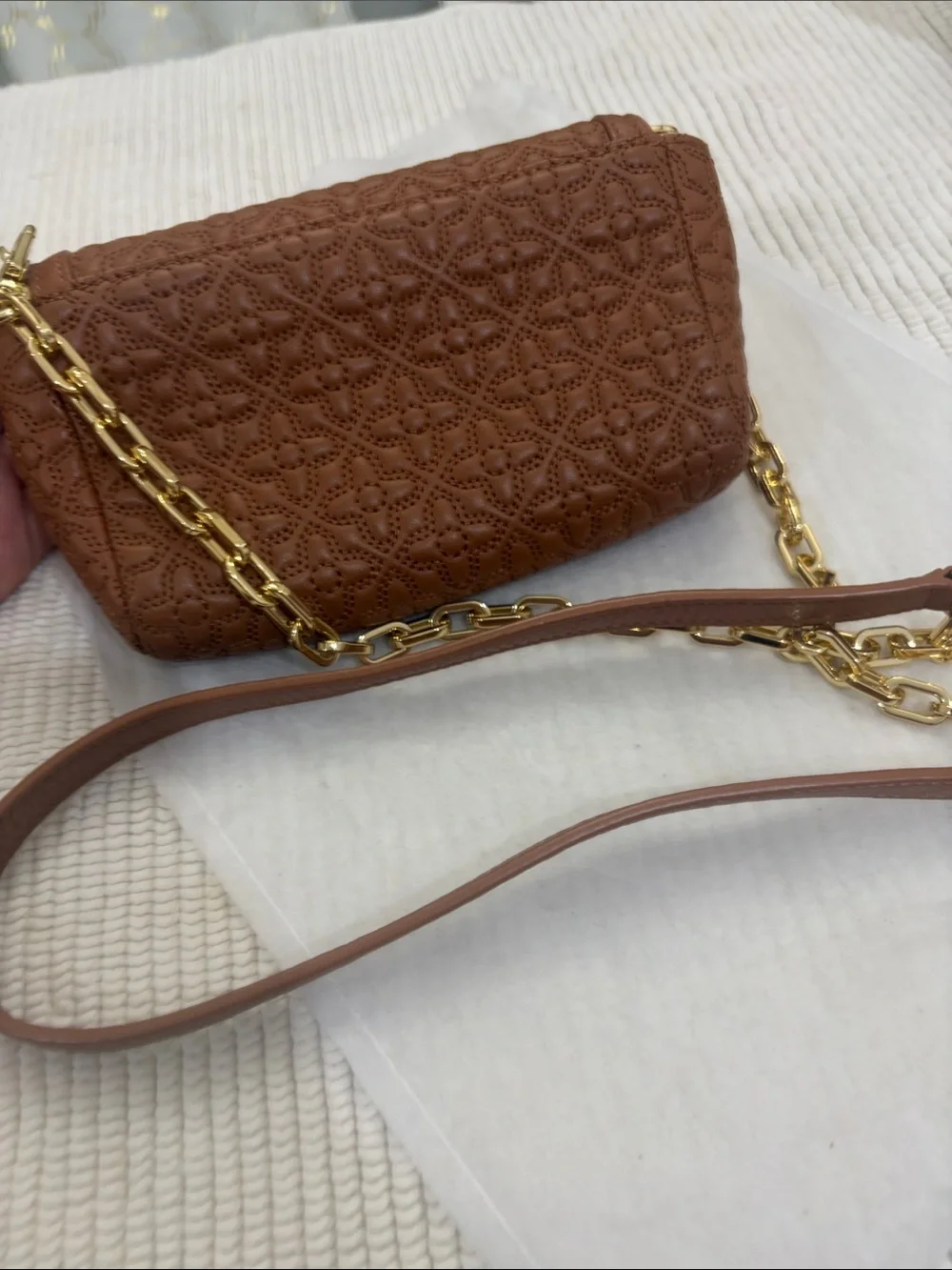 Tory Burch Brown Quilted Leather Crossbody with Gold Chain